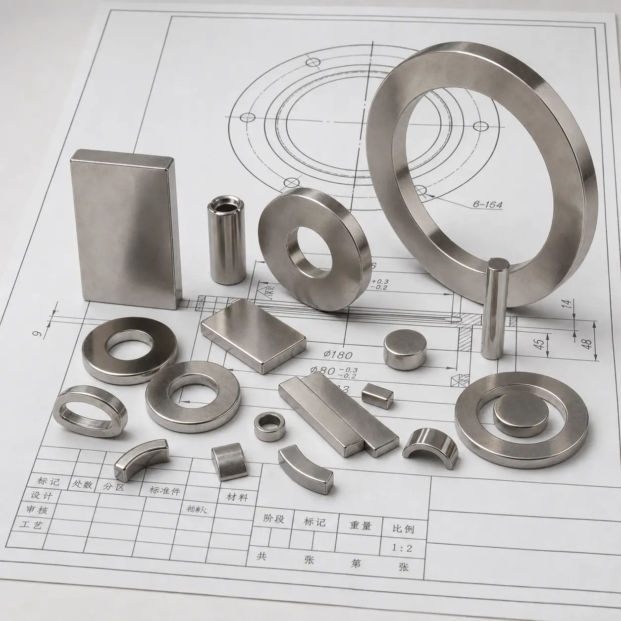 Custom Neodymium Magnets Placed on an Engineering Drawing for Post-Delivery Review