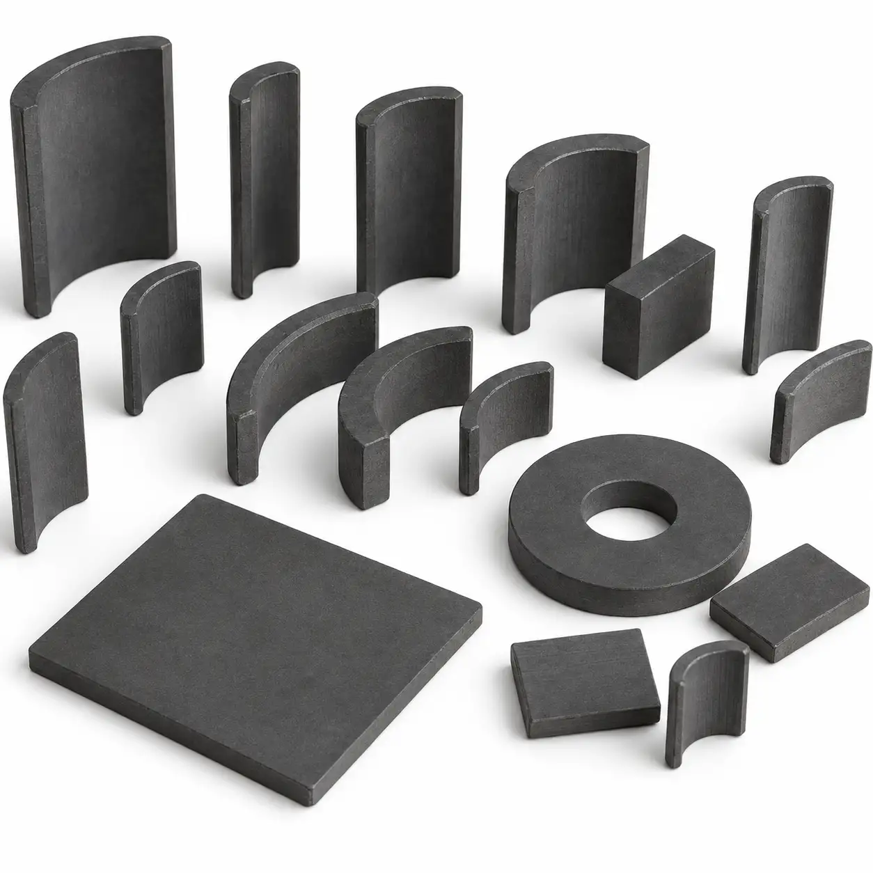 Hard ferrite magnets in ring, arc, block, bar and disc forms