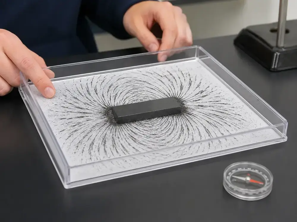 Ferrite bar magnet demonstrating magnetic field lines with iron filings
