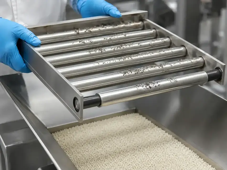 Parallel magnetic bars in stainless-steel sleeves forming an industrial magnetic grate
