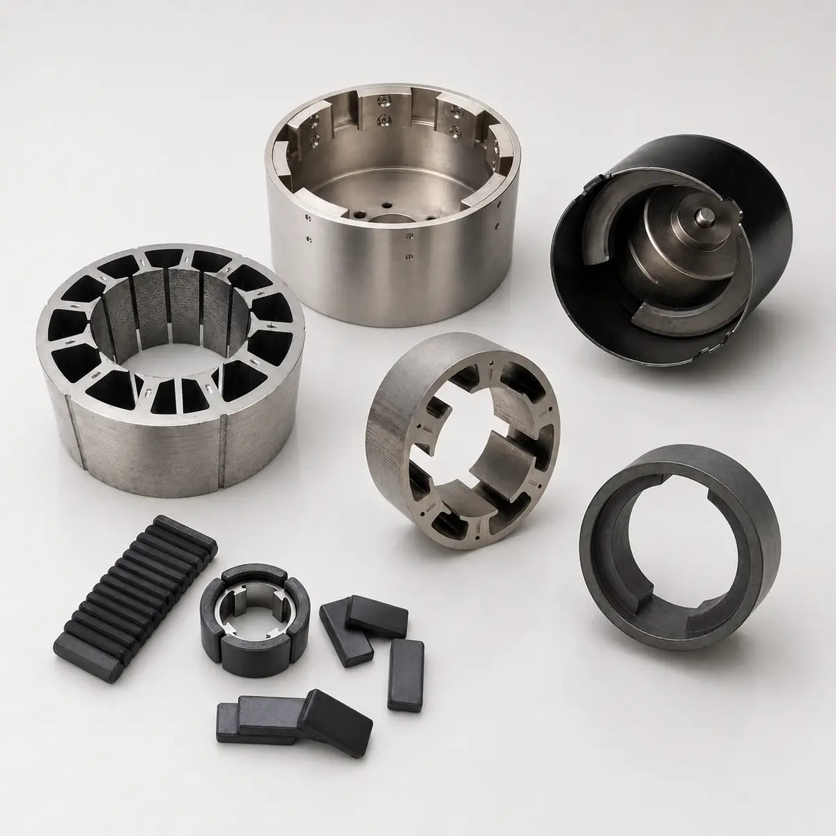 Permanent magnet stator with ferrite arc magnets assembled inside a steel motor housing