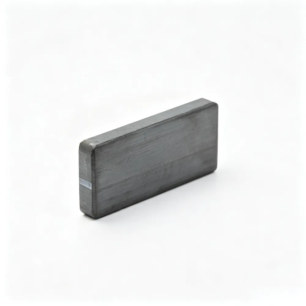 Rectangular ferrite magnet block with flat working surfaces and rounded edges